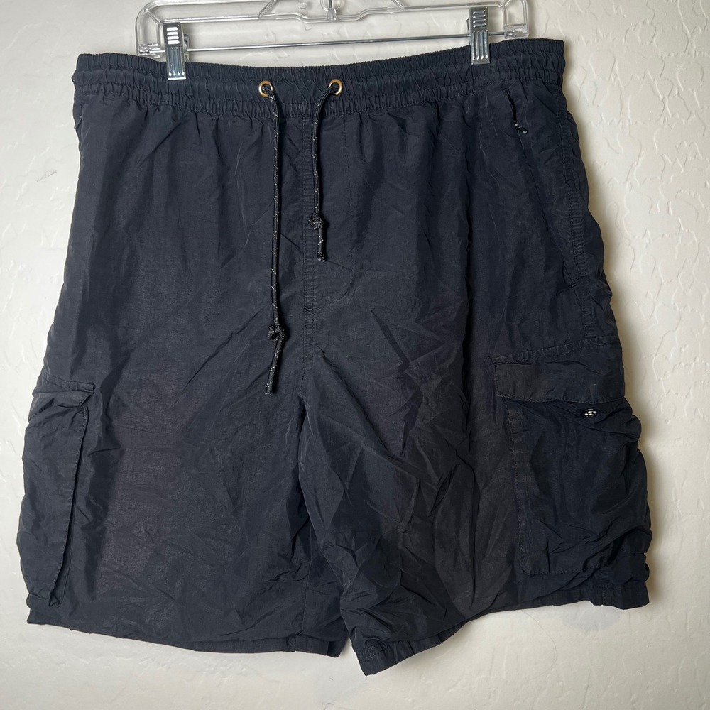 CSG Mens Cargo Shorts Black Nylon Mesh Lined Elastic Waist XL Utility Outdoor
